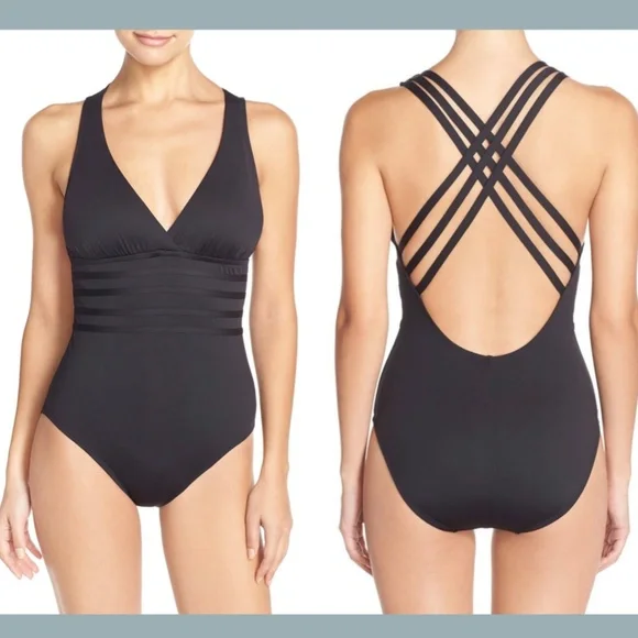 NWT La Blanca Cross Back One-Piece Swimsuit‎ 14 BLK One Pieces